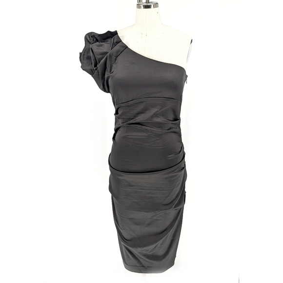 Cache One Shoulder Satin Ruched Dress Black 10 party cocktail 90s retro 80s - Picture 1 of 7
